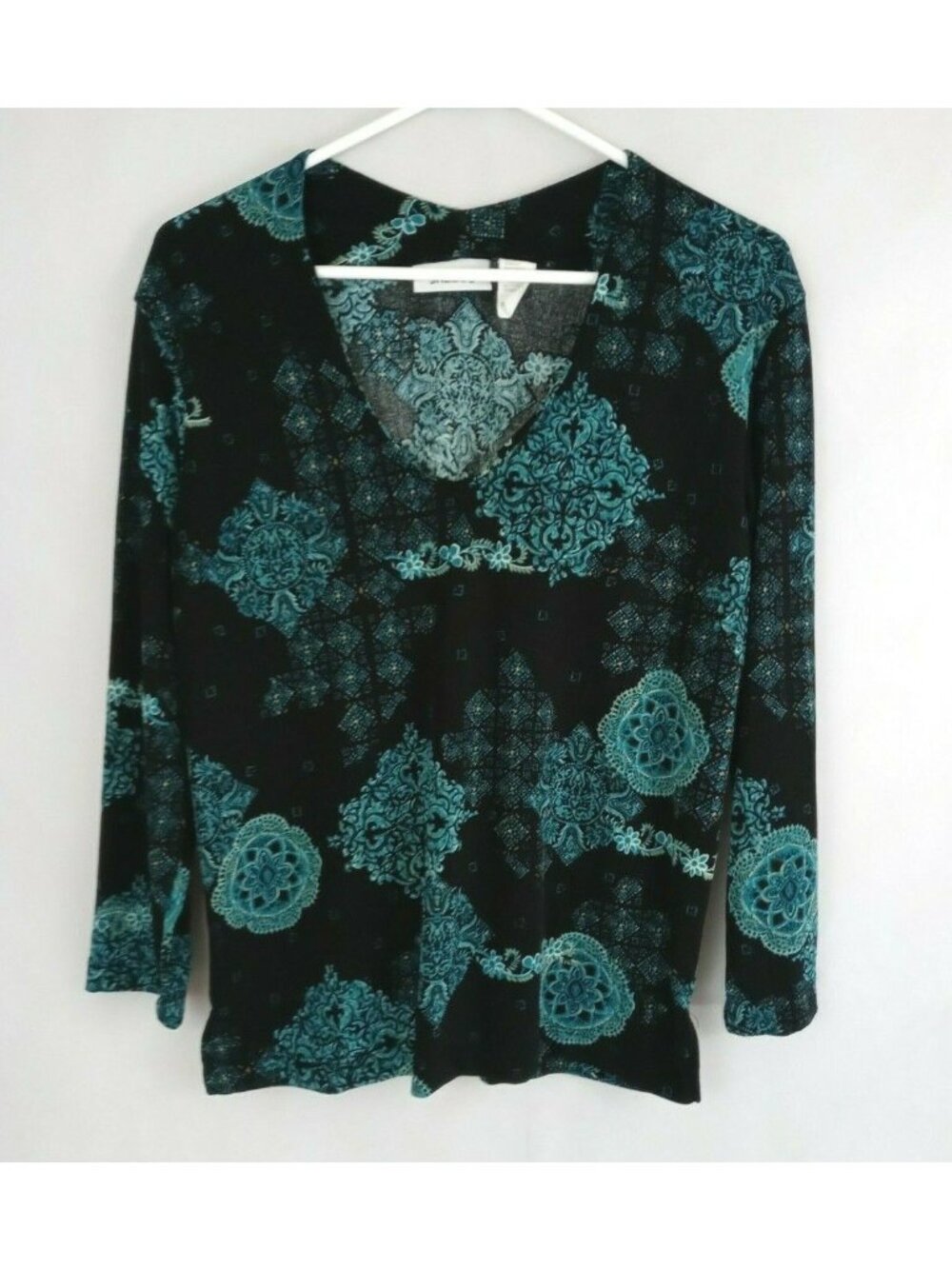 Shego's Women's Black Blouse With Blue/Green Floral Design Size 1